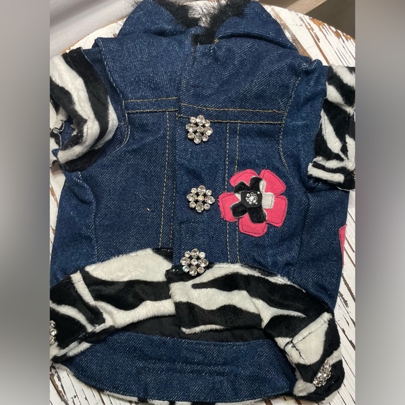 Stylish Pet Denim Jacket with Black and Pink Accents with Fur Collar  Medium